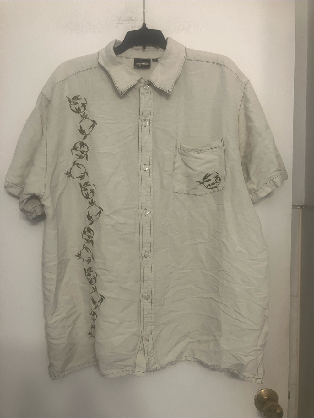Kavu linen blend button down short sleeve shirt tan/green leaf pattern mens XL